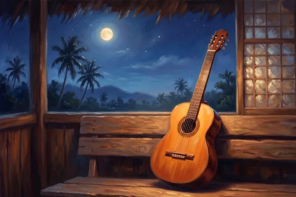 A painterly moonlit still life of a classical guitar resting on a nipa-hut porch at night, evoking the evening harana tradition of Filipino guitar music.